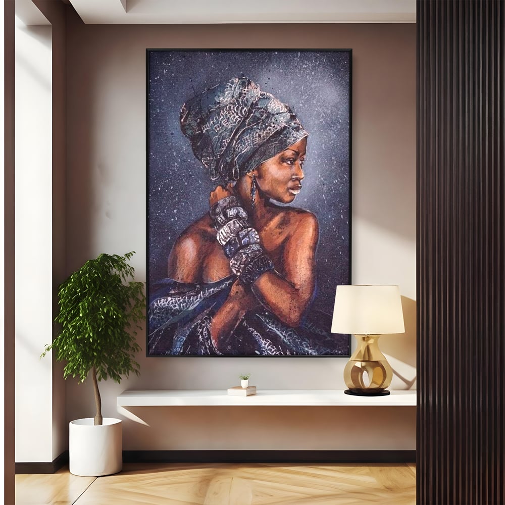Tablou canvas cu tablou canvas cu portret de femeie africana, in rama de aluminiu negru